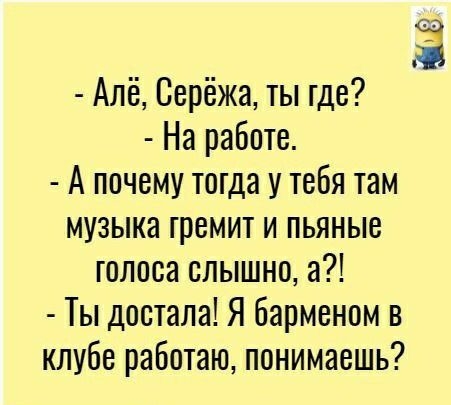 Алё Серёжа ты где На работе А почему тогда у тебя там музыка гремит и пьяные голоса слышно а Ты достала Я барменам в клубе работаю понимаешь