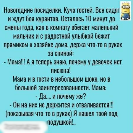 Новогодние посиделки Куча тостей Все сидлтэ и ждут Боя курантов Осталось 10 минут до смены тода как в комнату вбегает маленький мальчик и е радостной улыбкой бежит прямиком к хозяйке дома держа что то в руках за спиной Мама А я теперь знаю почему у девочек нет питона Мама и в гости в небольшом шоке но в Большой заинтересованности Мама Да и почему же Он на них не держится и отваливается показывая ч