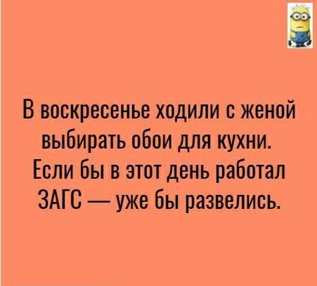 В воскресенье ходили с женой выбирать обои для кухни Если бы в этот день работал ЗАГС уже бы развелись