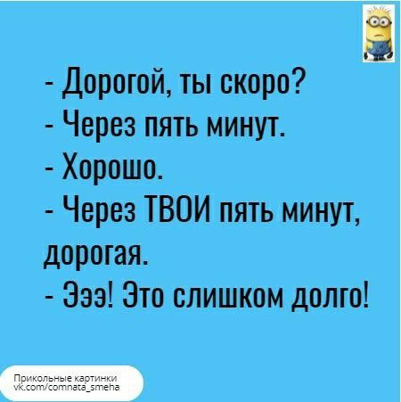 Дорогой ты скоро Через пять минут Хорошо Через ТВОИ пять минут дорогая 333 Это слишком долго