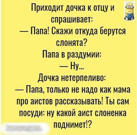 Приходит дочка к отцу и 63 спрашивает Папа Скажи откуда берутся слонята Папа в раздумии Ну Дочка нетерпеливо Папа только не надо как мама про аистов рассказывать Ты сам посуди ну какой аист слоненка поднимет