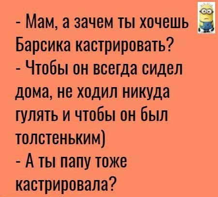 Мам а зачем ты хочешь Ё Барсика кастрировать Чтобы он всегда сидел дома не ходил никуда гулять и чтобы он был толстеньким А ты папу тоже кастрировала
