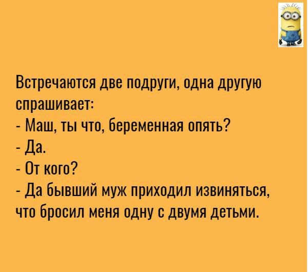 Встречаются две подруги одна другую спрашивает Маш ты что беременная опять Да От кто Да бывший муж приходил извиняться что бросил меня одну с двумя детьми