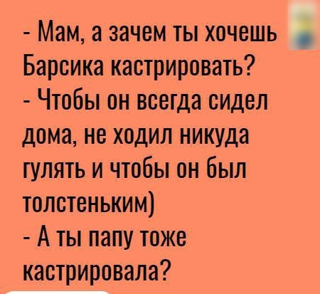 Мам а зачем ты хочешь Барсика кастрировать Чтобы он всегда сидел дома не ходил никуда тулять и чтобы он был толстеньким А ты папу тоже кастрировала