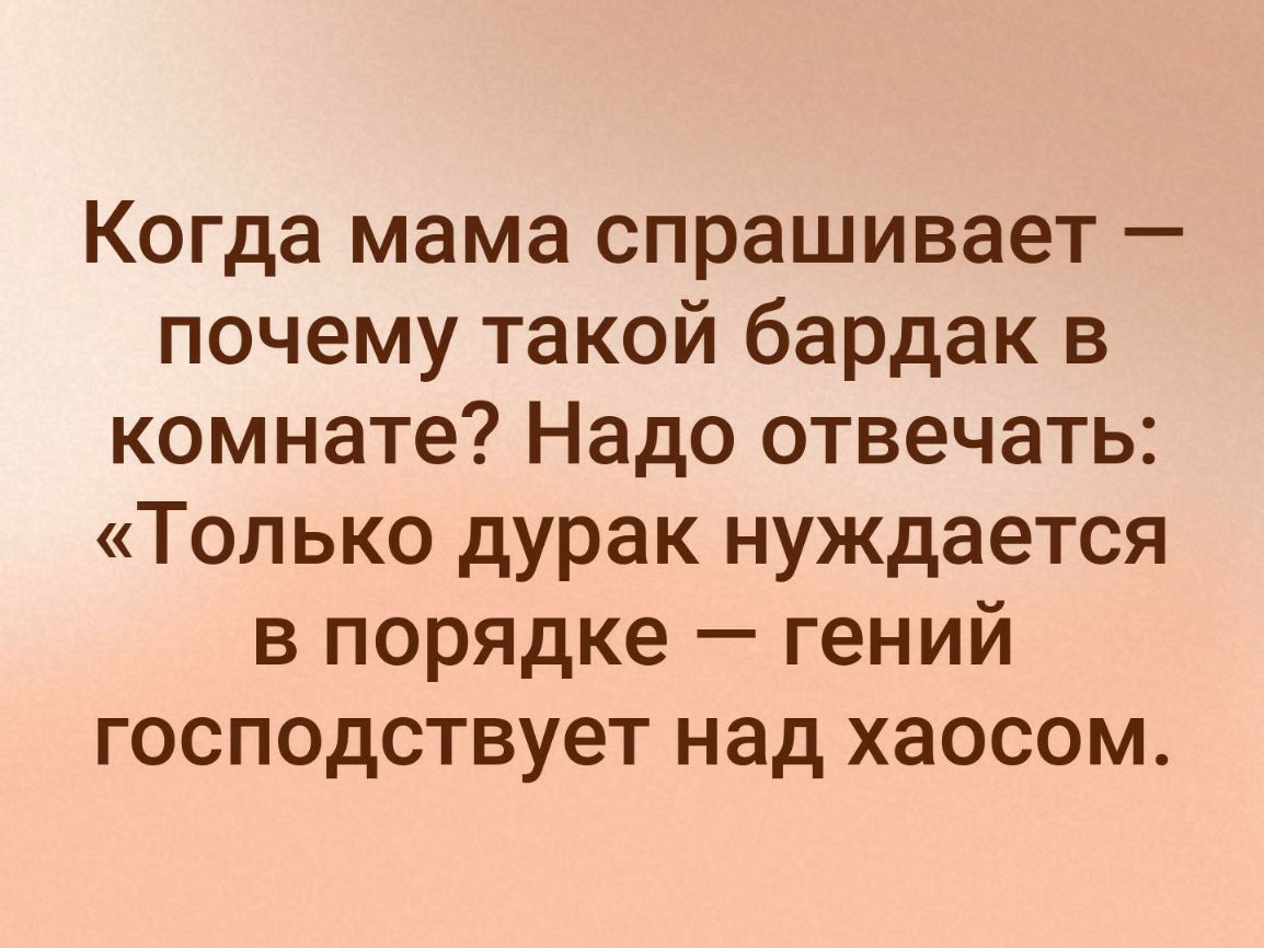 Когда мама спрашивает почему такой бардак в комнате Надо отвечать Только дурак нуждается в порядке гений господствует над хаосом