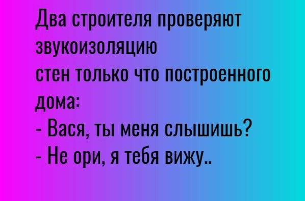 Два строителя проверяют звукоизоляцию стен только что построенного дома Вася ты меня слышишь Не при я тебя вижу