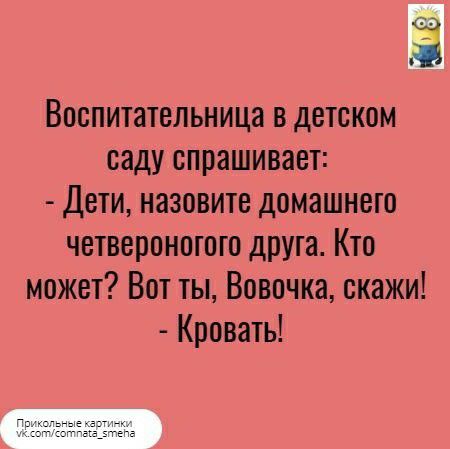 Воспитательница в детском саду опрашивает Дети назовите домашнего четвероногого друга Кто может Вот ты Вовочка скажи Кровать