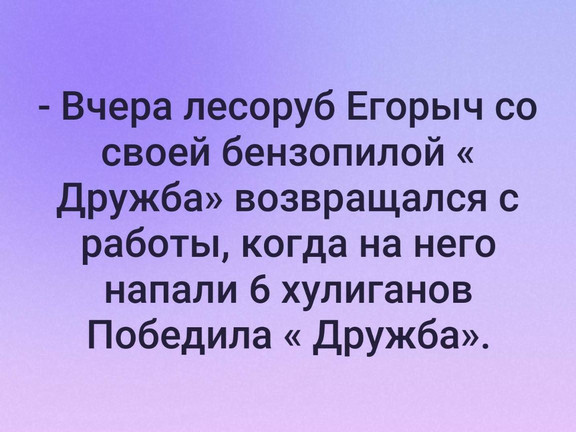 Вчера лесоруб Егорыч со своей бензопилой дружба возвращался с работы когда на него напали 6 хулиганов Победила Дружба