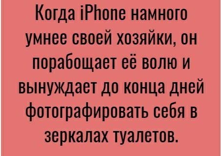 Когда іРЬопе намного умнее своей хозяйки он порабощает её волю и вынуждает до конца дней фотографировать себя в зеркалах туалетов