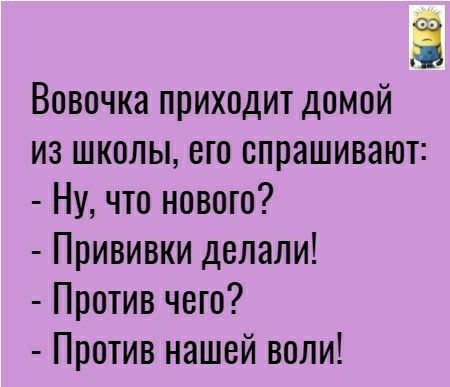 Вовочка приходит домой из школы его спрашивают Ну что нового Прививки делали Против чего Против нашей воли
