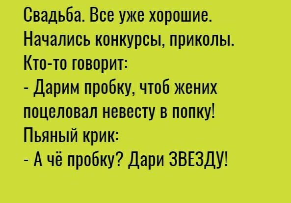 Свадьба Все уже хорошие Начались конкурсы приколы Кто то говорит Дарим пробку чтоб жених поцеловал невестув попку Пьяный крик А чё пробку Дари ЗВЕЗДУ