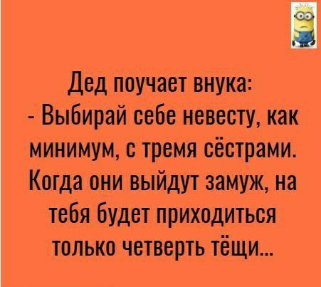 Дед поучает внука Выбирай себе невесту как минимум с тремя еёетраМи Когда они выйдут замуж на тебя будет приходиться только четверть тёщи