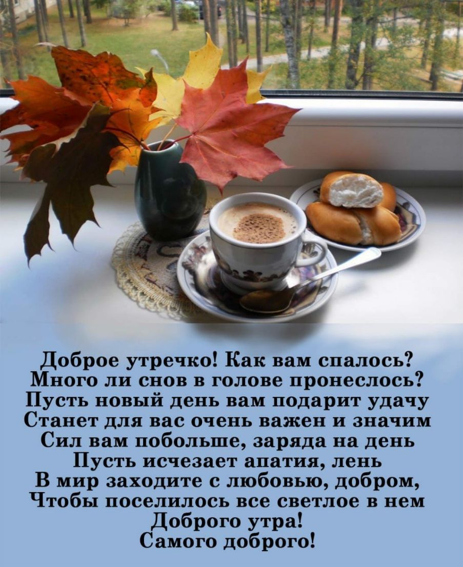 Доброе утречко Как вам спалось Много ли снов в голове пронеслось Пусть новый день вам подарит удачу Станет для вас очень важен и значим Сил вам побольше заряда на день Пусть исчезает апатия лень В мир заходите с любовью добром Чтобы поселилось все светлое в нем Доброго утра Самого доброго