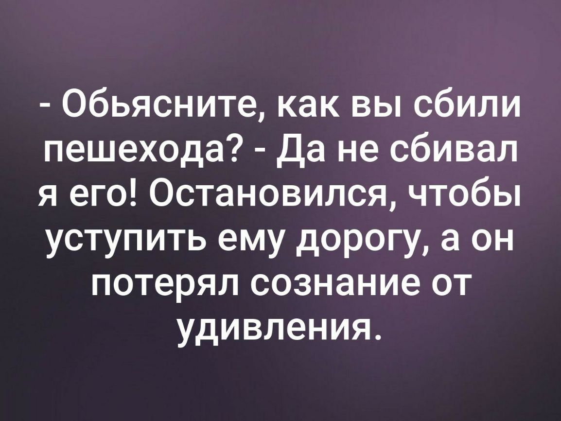 Обьясните как вы сбили пешехода Да не сбивал я его Остановился чтобы уступить ему дорогу а он потерял сознание от удивления
