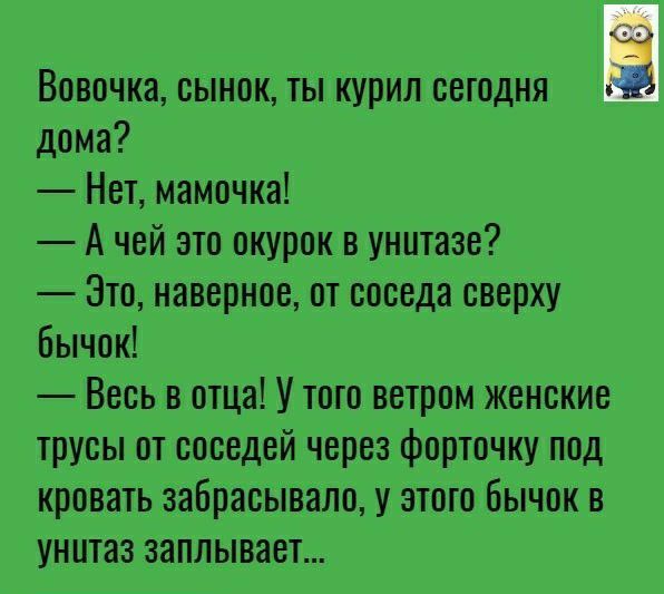 Ч Вовочка сынок ты курил сегодня за дома Нет мамочка А чей это окурок в унитазе Это наверное от соседа сверху бычок Весь в отца У того ветром женские трусы от соседей через форточку под кровать забрасывало у этого бычок в унитаз заплывает