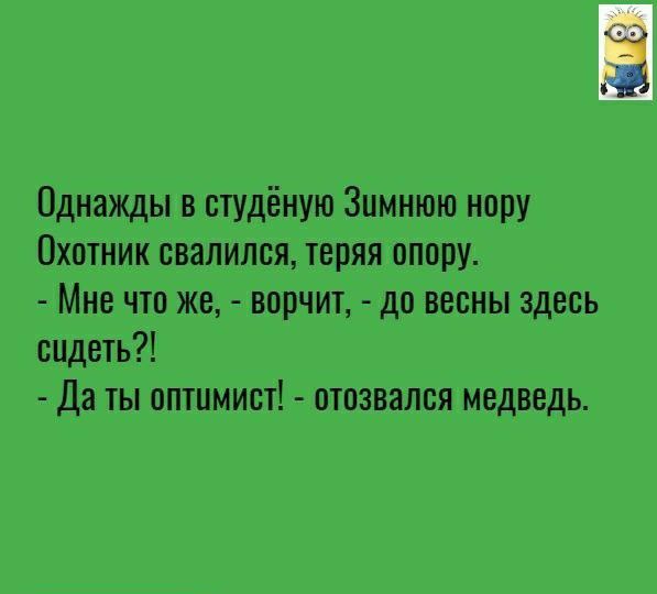 Однажды в студёную Зимнюю нору Охотник свалился теряя опору Мне что же ворчит до весны здесь сидеть Да ты оптимист отозвался медведь