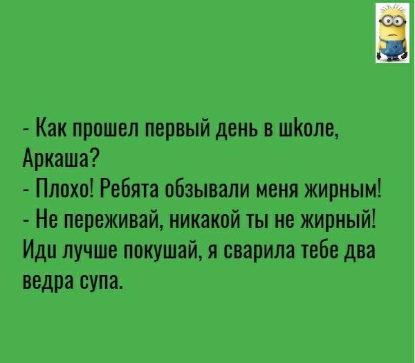 Как прошел первый день в шКоле Аркаша Плохо Ребята обзывали меня жирным Не переживай никакой ты не жирный Иди лучше покушай я сварили тебе два ведра супа