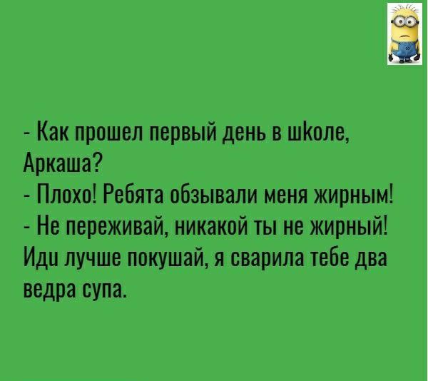 Как прошел первый день в шКоле Аркаша Плохо Ребята обзывали меня жирным Не переживай никакой ты не жирный Иди лучше покушай я сварили тебе два ведра супа