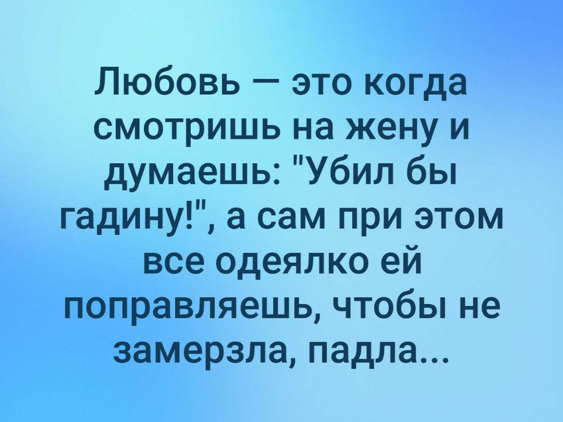 Любовь это когда смотришь на жену и думаешь Убил бы гадину а сам при этом все одеялко ей поправляешь чтобы не замерзла падла