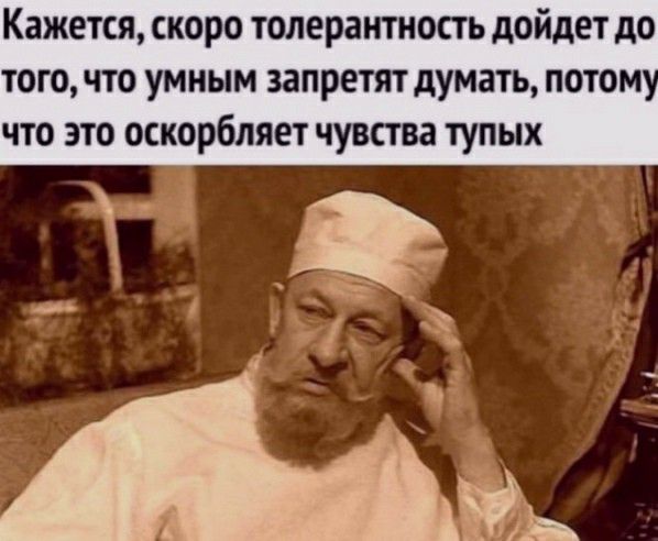 Кажется скоро толерантность дойдет до ТОГО ЧТО УМНЫМ запретят думать ПОТОМ что ЭТО оскорбляет чувства ТУПЫХ