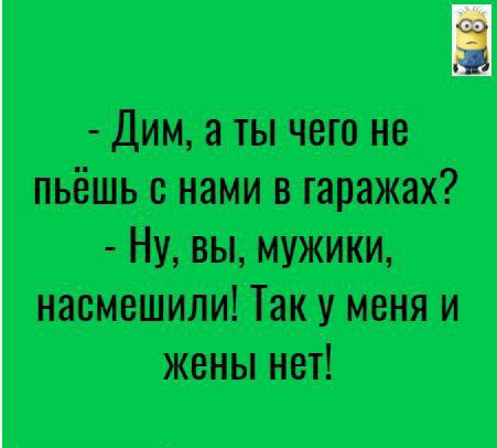 Дим а ты чего не пьёшь с нами в гаражах Ну вы мужики насмешили Так у меня и жены нет