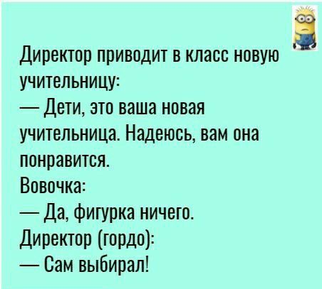 Директор приводит в класс новую учительницу Дети это ваша новая учительница Надеюсь вам она понравится Вовочка Да фигурка ничего Директор гордог Вам выбирал