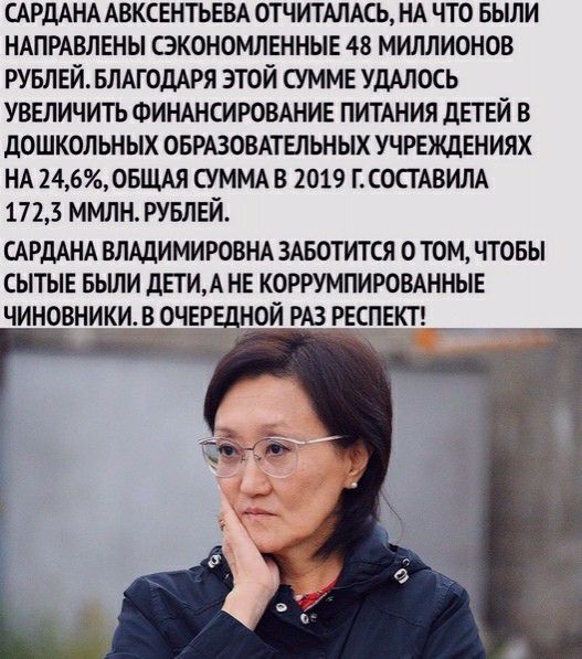 САРДАНА АВКСЕНТЪЕВА ОТЧИТАЛАСЬ НА ЧТО БЫЛИ НАПРАВЛЕНЫ СЭКОНОМЛЕННЫЕ 48 МИЛЛИОНОВ РУБЛЕЙЪЛАГОДАРЯ ЭТОЙ СУММЕ УДАЛОСЬ УВЕЛИЧИТЬ ФИНАНСИРОВАНИЕ ПИТАНИЯ ДЕТЕЙ В дОШКОЛ ЬНЫХ ОБРАЗОВАТЕЛЬНЫХ УЧРЕЖДЕНИЯХ НА 246ОБЩАЯ СУММА В 2019 ГСОСГАВИЛА 1723 ММЛН РУБЛЕЙ САРДАНА ВЛАДИМИРОВНА ЗАБОТИТСЯ О ТОМ ЧТОБЫ СЫТЫЕ БЫЛИ дЕТИА НЕ КОРРУМПИРОВАННЫЕ ЧИНОВНИКИ ОЧЕРЕДНОЙ РАЗ ЕЕСПЕКТ _ __