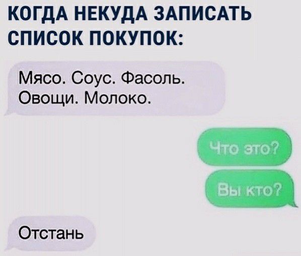 КОГДА НЕКУДА ЗАПИСАТЬ СПИСОК ПОКУПОК Мясо Соус Фасоль Овощи Молоко Отстань