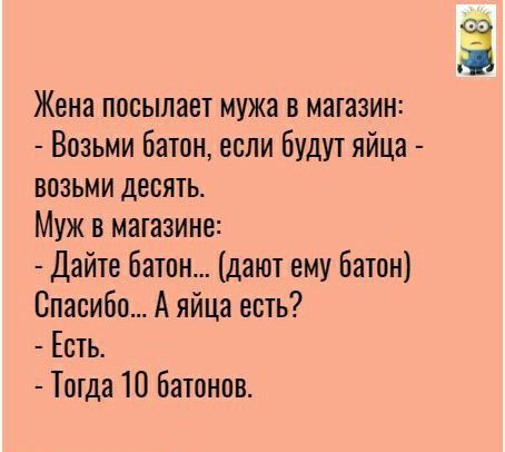Жена посылает мужа в машзин Возьми батон если будут яйца возьми десять Муж в машине Дайте батон дают ему батон Спасибо А яйца есть Есть Тогда 10 батонов