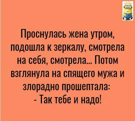 Проснулась жена утром подошла к зеркалу смотрела на себя смотрела Потом взглянула на спящего мужа и злорадно прошептала Так тебе и надо