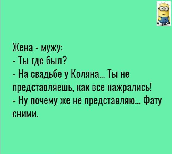 Жена мужу Ты где был На свадьбе у Коляна Ты не представляешь как все нажрались Ну почему же не представляю Фату сними