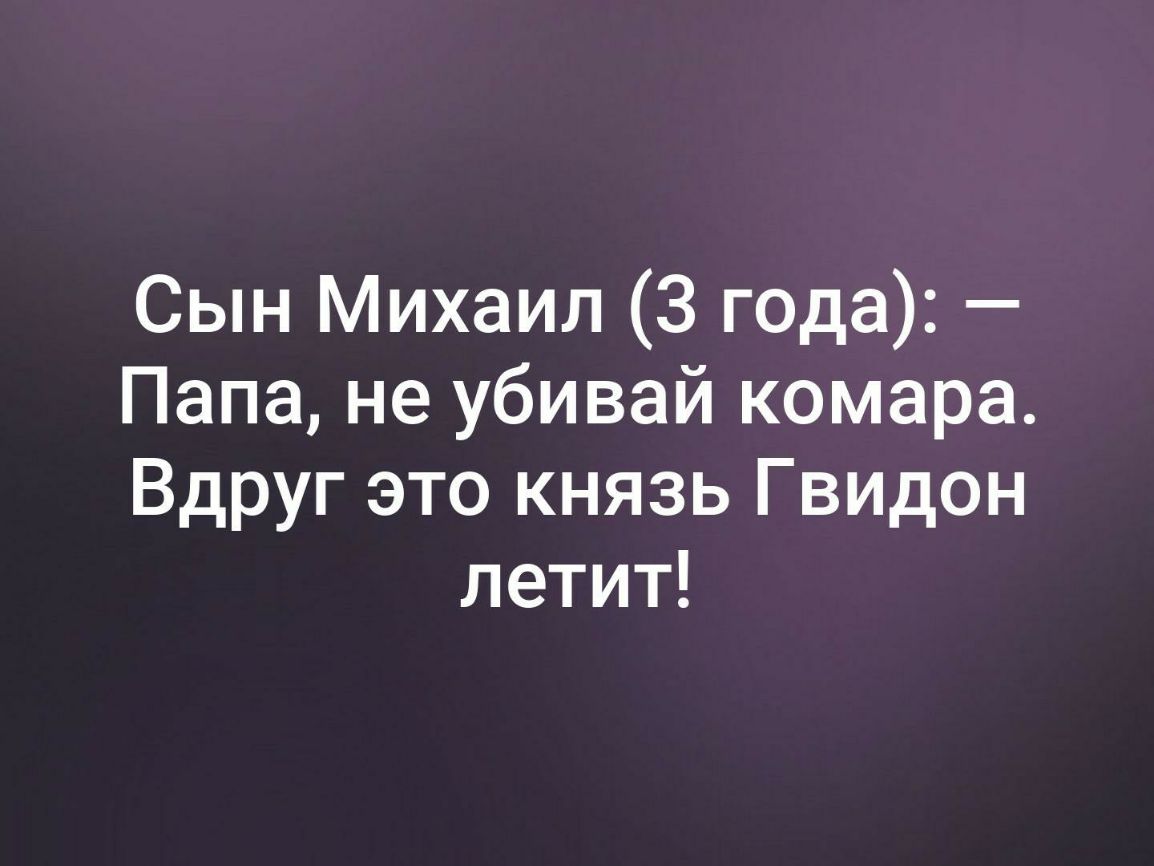 Сын Михаил 3 года Папа не убивай комара Вдруг это князь Гвидон летит