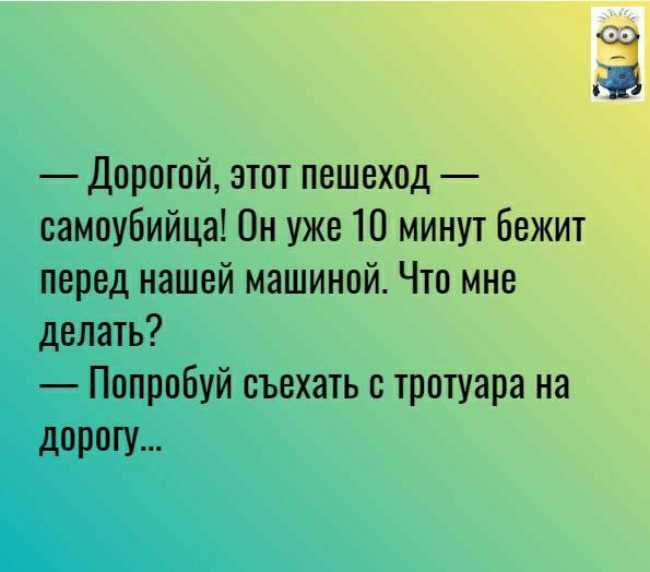 Дорогой этот пешеход самоубийца Он уже 10 минут бежит перед нашей машиной Что мне делать Попробуй съехать тротуара на дорогу