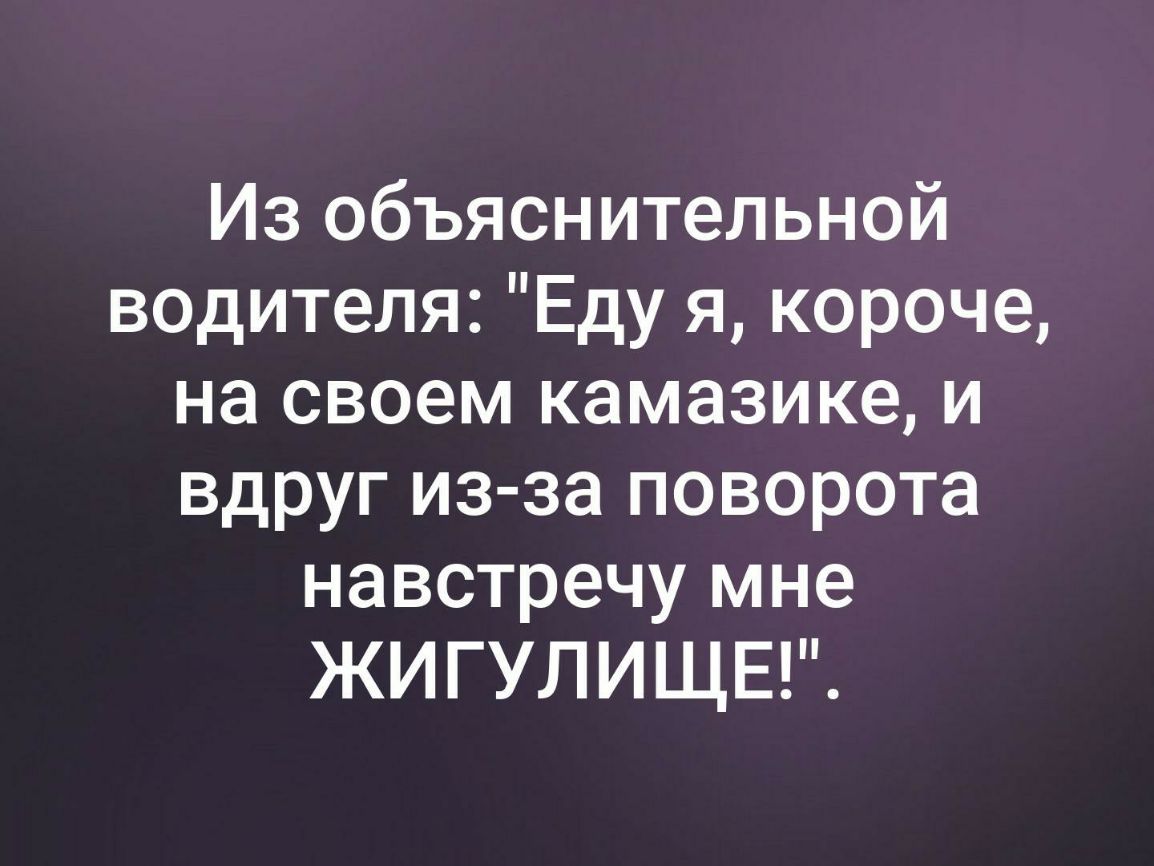 Из объяснительной водителя Еду я короче на своем камазике и вдруг из за поворота навстречу мне ЖИ ГУЛИЩЕ
