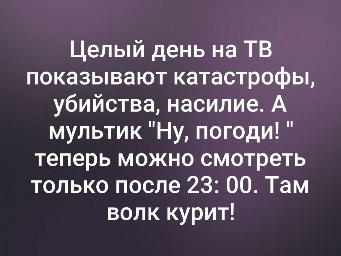 Целый день на ТВ показывают катастрофы убийства насилие А мультик Ну погоди теперь можно смотреть только после 23 00 Там волк курит