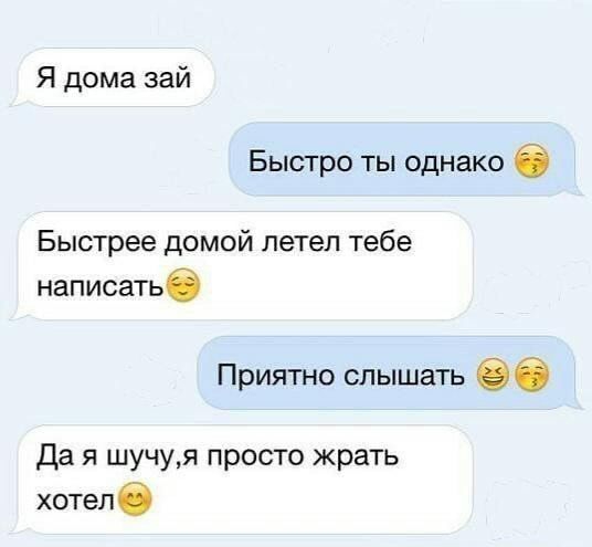 Я дома зай Быстро ты однако 6 Быстрее домой летел тебе написатьб Приятно слышать 66 да я шучуя просто жрать хотел с