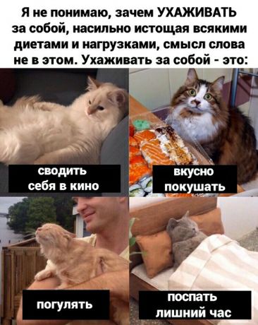 Я не понимаю зачем УХАЖИВАТЬ за собой иасипыю истощая всякими диетями и нагрузками смысл слова не в этом Ухажипать за собой это сводить вкусно себя в киио пркушать ть 4 погутпь пишиии час