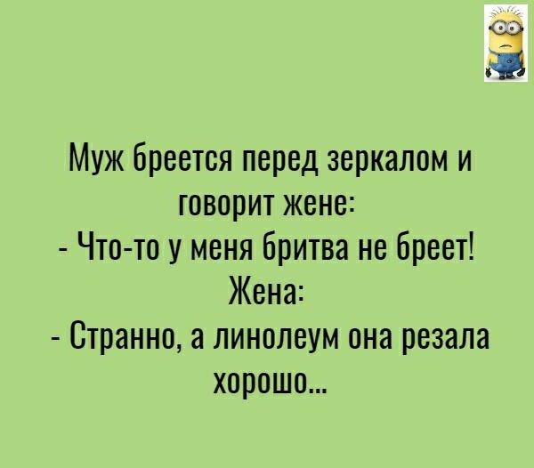 Муж Бреется перед зеркалом и говорит жене Что то у меня Бритва не Бреет Жена Странно а линолеум она резала хорошо