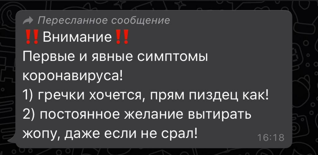 Переспанное сообщение Внимание Первые и явные симптомы коронавируса 1 гречки хочется прям пиздец как 2 постоянное желание вытирать жопу даже если не срал