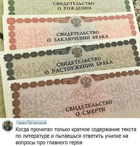 свидвтыъство ЁЁ о рождении _ о ЗАКАЮЧЕНИИ вым свидвтыъство ц Когда прочитал только краткое содержание текста по литературе и пытаешься ответить училке на вопросы про главного героя
