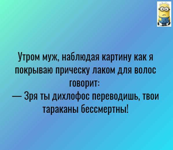 Утром муж наблюдая картину как я покрываю прическу лаком для волос говорит Зря ты дихлофос переводишь твои тараканы бессмертны