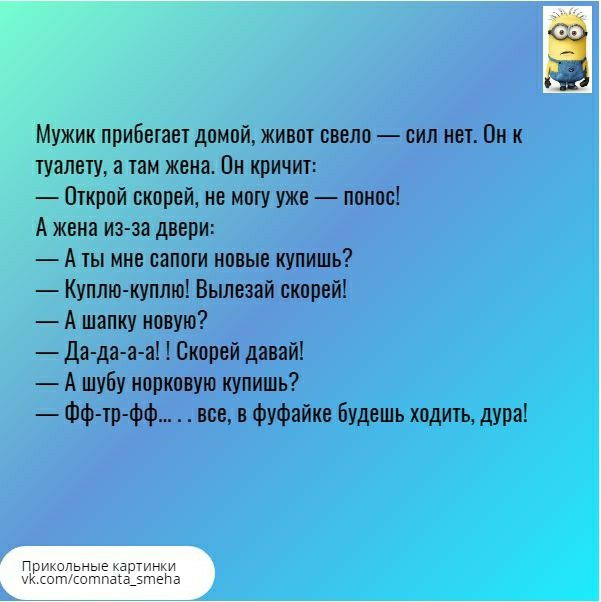 Мужик прибвтнет домой живот ввело сил кет Он к туалету а там жена Ом кричит Открой скорей не могу уже понос А жена из за двери А ты мне сапоги новые купишь Куплю куплю Вылезай скорой А шапку новую Дада а а Скорей давай А шубу норковую купишь Фф тр фф все в фуфайке будешь ходить дура