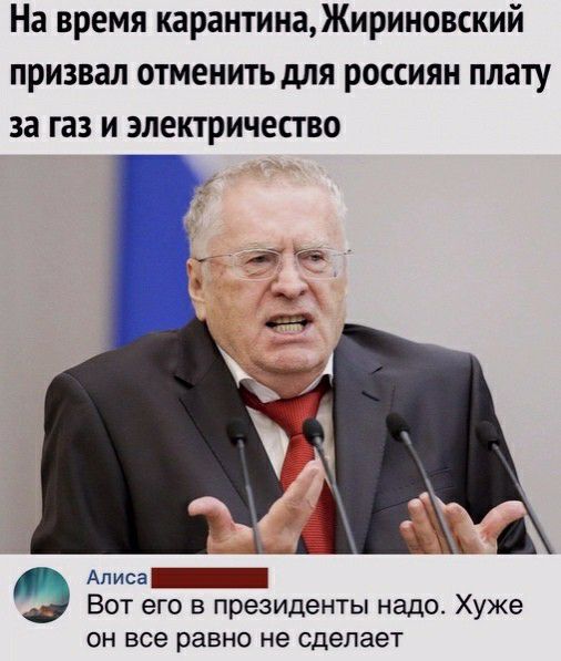 На время карантина Жириновский призвал отменить для россиян плату за газ и электричество А Алиса _ Вот его в президенты надо Хуже ОН все равно не сделает