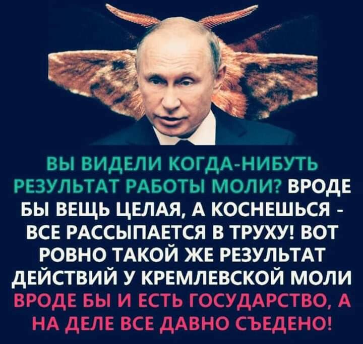 вы видели КОГДАНИБУТЬ результдт РАБОТЫ моли вроде вы вещь цемя А коснешься все РАССЫПАЕТСЯ в ТРУХУ вот ровно ТАКОЙ же РЕЗУЛЬТАТ действий у кремлевской моли вроде вы и есть ГОСУДАРСТВО А нд деле все дАВНО съеденоэ