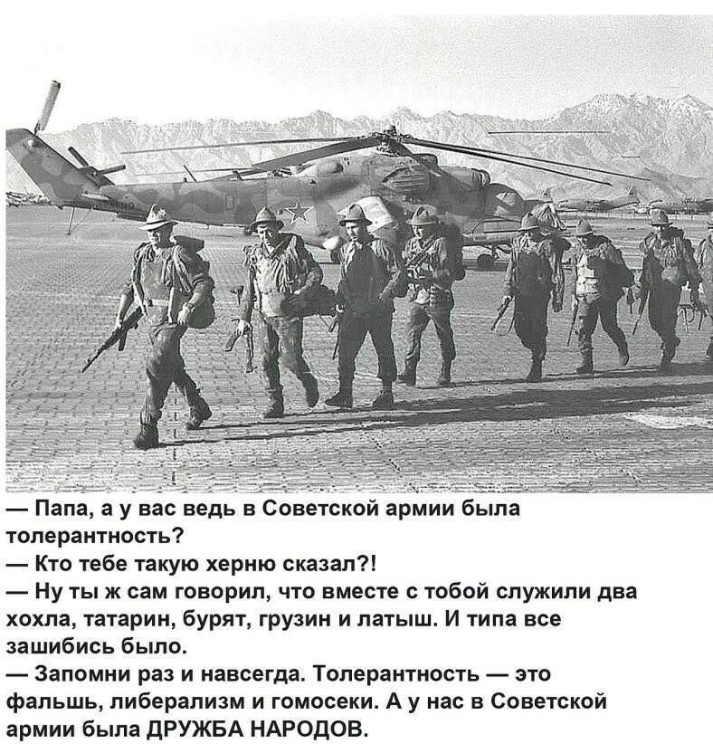 Папа а у вас ведь в Советской армии была толерантность Кто тебе такую херню сказал Ну тыж сам говорил что вместе с тобой служили два хохла татарин бурят грузин и латыш И типа все зашибись было Запомни раз и навсегда Толерантность это фальшь либерализм и гомосеки А у нас в Советской армии была ДРУЖБА НАРОДОВ