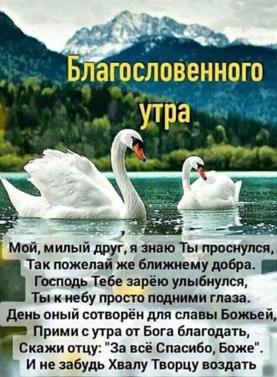 Мой милый друг я знаю Ты проснулся Так пожепай же ближнему добра Господь Тебе зарёю улыбнулся Ты к небу просто подними глаза день оный сотворён для славы Божьей Прими с утра от Бога благодать Скажи отцу За всё Спасибо Боже И не заБУдь Хвалу Творцу воздать
