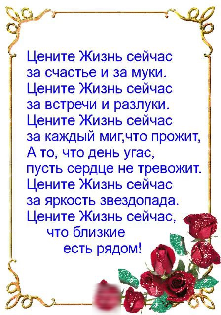 Цените Жизнь сейчас за счастье и за муки_ Цените Жизнь сейчас за встречи и разлуки Цените Жизнь сейчас за каждый мигчто прожит А то что день угас пусть сердце не тревожит Цените Жизнь сейчас за яркость звездопада Цените Жизнь сейчас что близкие есть рядом