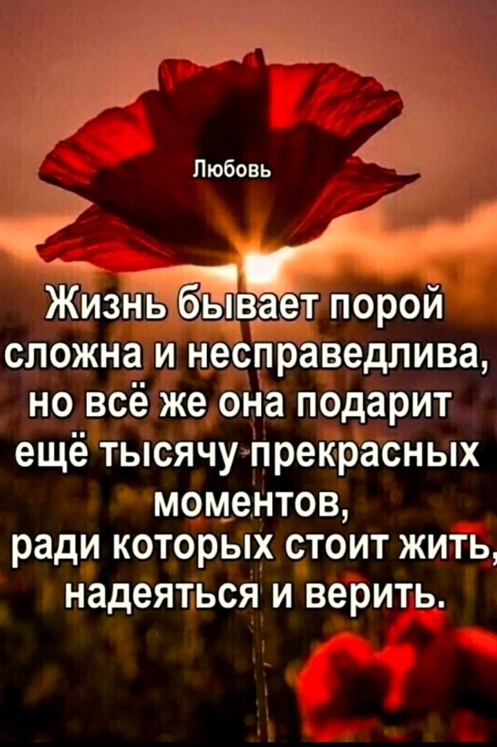 Любовь Жизнъ бьцддает порой сложна и несправедлива но всё же она подарит ещё тысячупрекрасных моментов ради которых стоит жить надеяться И ВЭРИТЬ