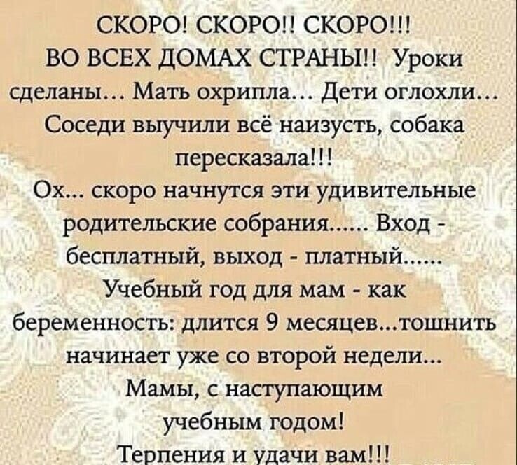 СКОРО СКОРО СКОРО ВО ВСЕХ ДОМАХ СТ РАНЫП Уроки сделаны Мать охрипла Дети оглохли Соседи выучили всё наизусть собака пересказала Ох скоро начнутся эти удивительные родительские собрания Вход бесплатный выход платный Учебный год для мам как беременность длится 9 месяцевтошнить начинает уже со второй недели Мамы с наступающим учебным годом Терпения и удачи вам