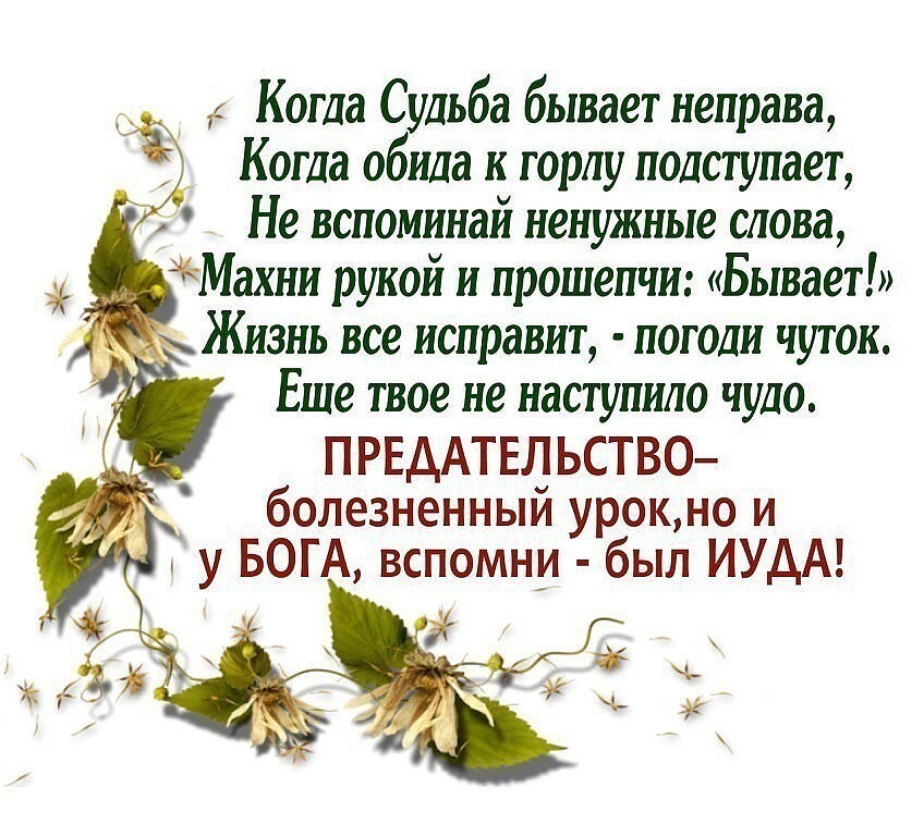 Когда Судьба бывает неправа Когда обида к горлу подступает Не вспоминай ненужные слова ыМахни рукой и прошепчи Бывает Жизнь все исправит погоди чуток Еще твое не наступило чудо ПРЕДАТЕЛЬСТВО болезненный урокно и _ у БОГА вспомни был ИУДА д